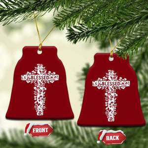Blessed Floral Cross Christian Graphic Ceramic Ornament Faith Inspired Minimalist Scripture TS02 Print Your Wear