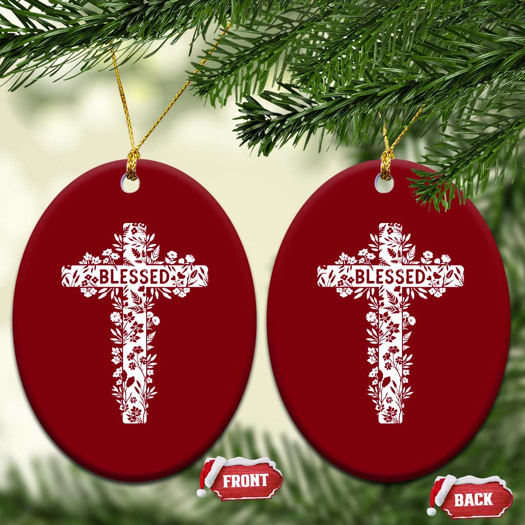 Blessed Floral Cross Christian Graphic Ceramic Ornament Faith Inspired Minimalist Scripture TS02 Print Your Wear