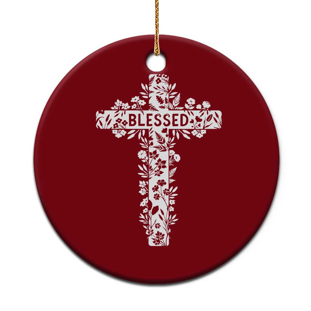 Blessed Floral Cross Christian Graphic Ceramic Ornament Faith Inspired Minimalist Scripture