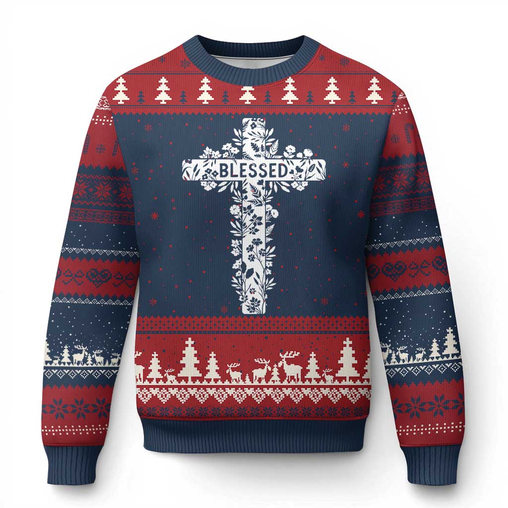 Blessed Floral Cross Christian Graphic Ugly Christmas Sweater Faith Inspired Minimalist Scripture TS02 Navy Red Print Your Wear