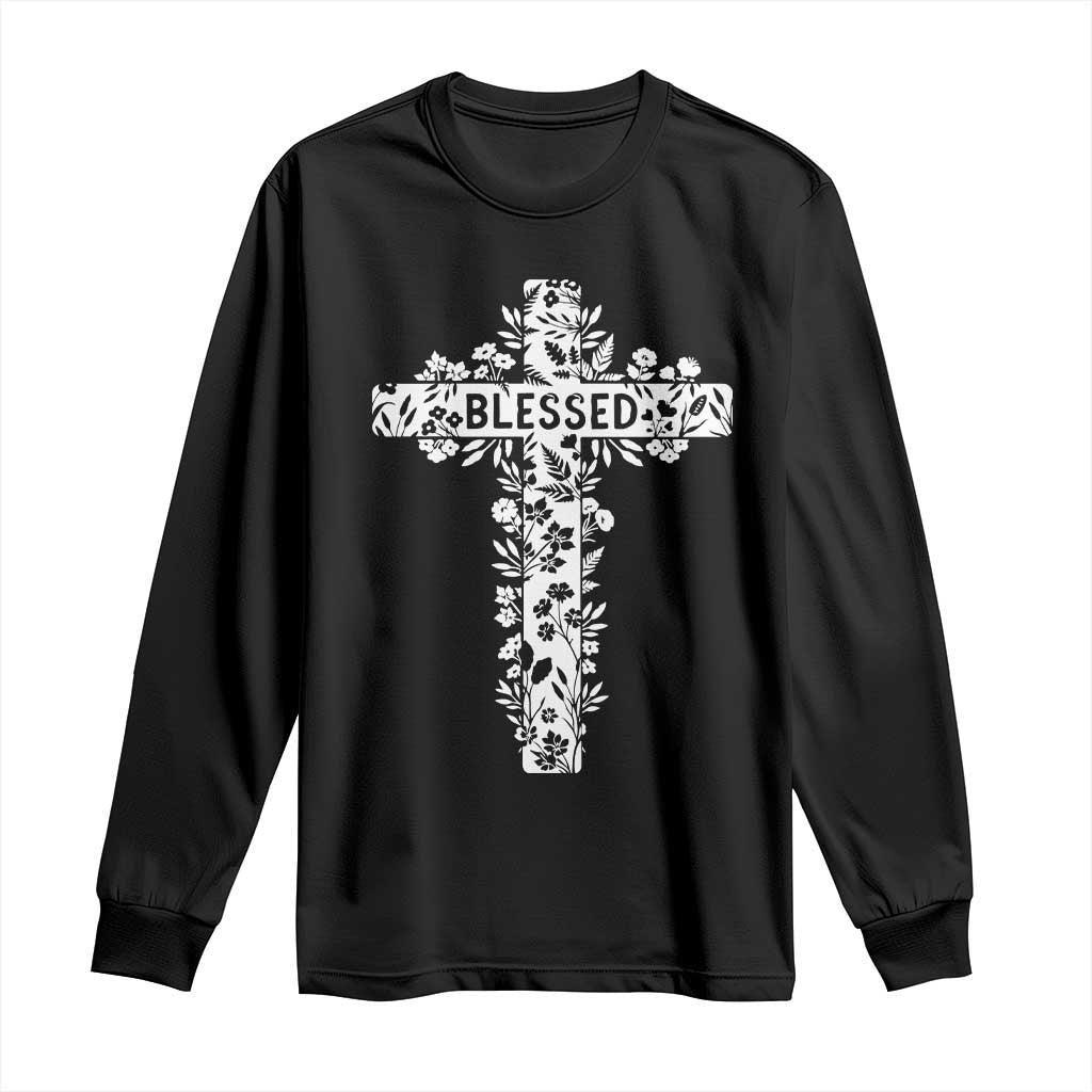 Blessed Floral Cross Christian Graphic Long Sleeve Shirt Faith Inspired Minimalist Scripture