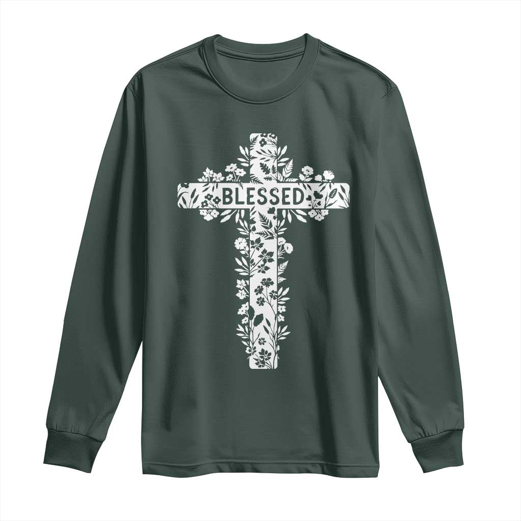 Blessed Floral Cross Christian Graphic Long Sleeve Shirt Faith Inspired Minimalist Scripture TS02 Dark Forest Green Print Your Wear