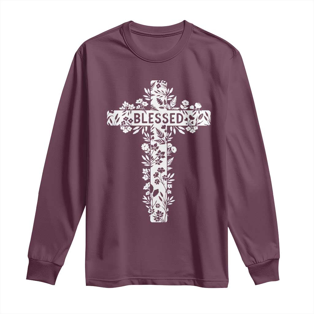 Blessed Floral Cross Christian Graphic Long Sleeve Shirt Faith Inspired Minimalist Scripture TS02 Maroon Print Your Wear