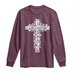 Blessed Floral Cross Christian Graphic Long Sleeve Shirt Faith Inspired Minimalist Scripture TS02 Maroon Print Your Wear