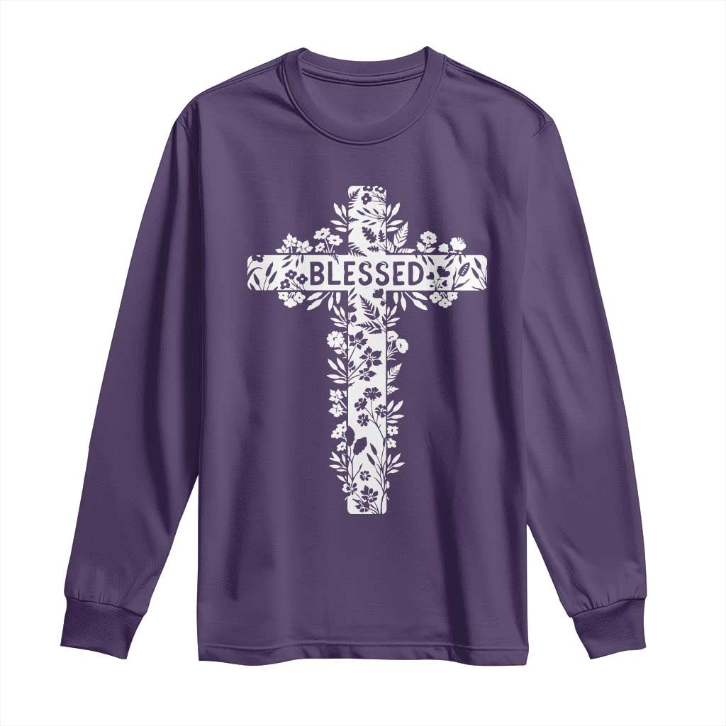 Blessed Floral Cross Christian Graphic Long Sleeve Shirt Faith Inspired Minimalist Scripture TS02 Purple Print Your Wear