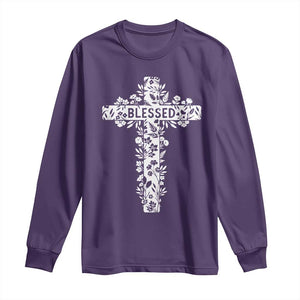 Blessed Floral Cross Christian Graphic Long Sleeve Shirt Faith Inspired Minimalist Scripture