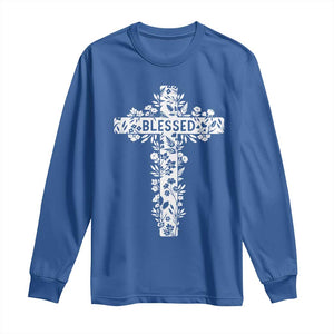 Blessed Floral Cross Christian Graphic Long Sleeve Shirt Faith Inspired Minimalist Scripture TS02 Royal Blue Print Your Wear