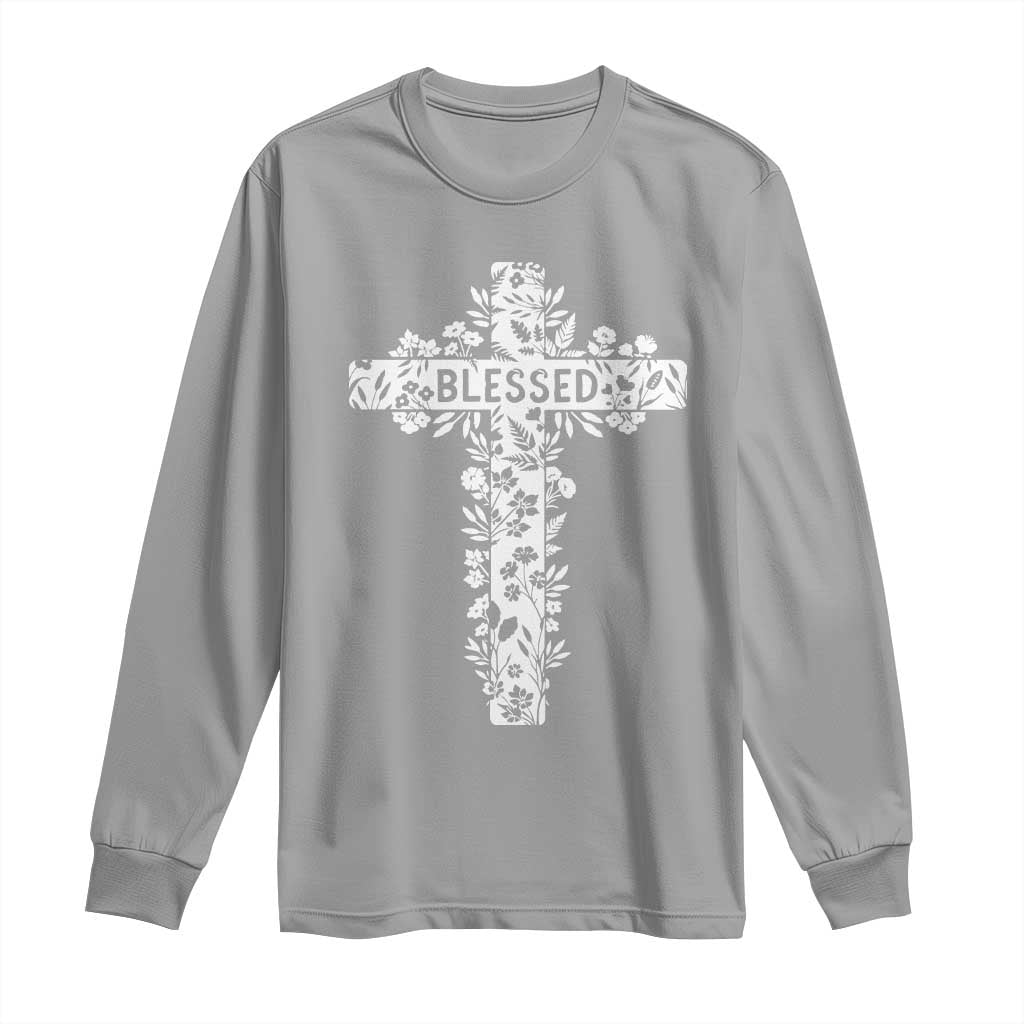 Blessed Floral Cross Christian Graphic Long Sleeve Shirt Faith Inspired Minimalist Scripture TS02 Sport Gray Print Your Wear