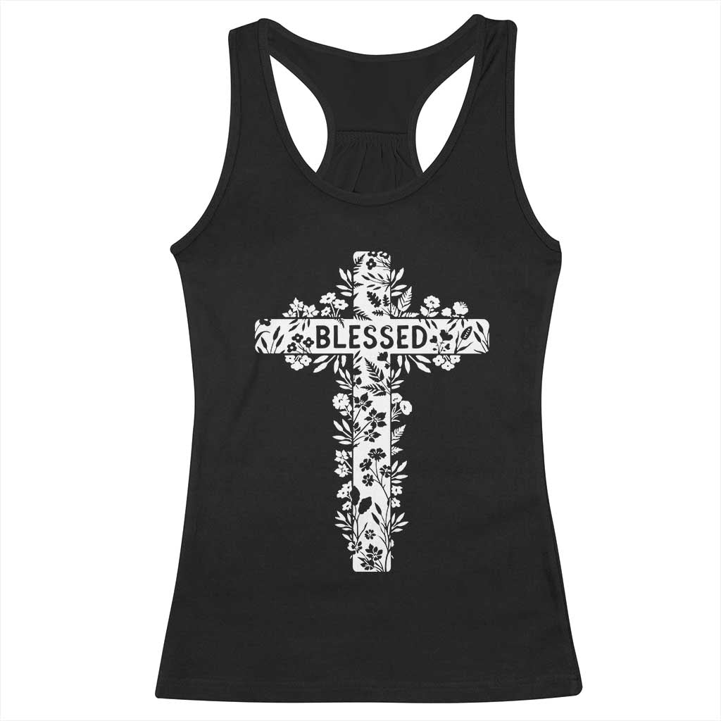Blessed Floral Cross Christian Graphic Racerback Tank Top Faith Inspired Minimalist Scripture