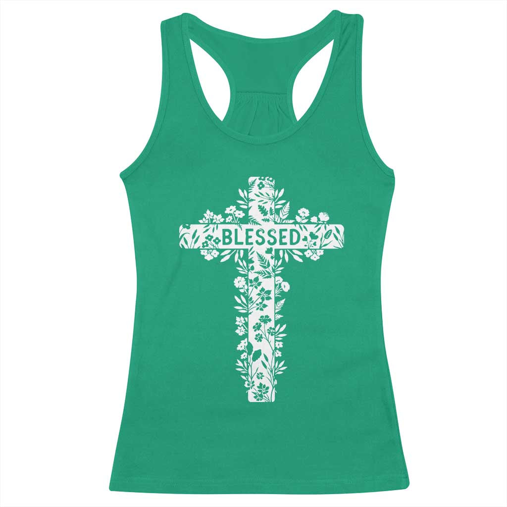 Blessed Floral Cross Christian Graphic Racerback Tank Top Faith Inspired Minimalist Scripture TS02 Irish Green Print Your Wear