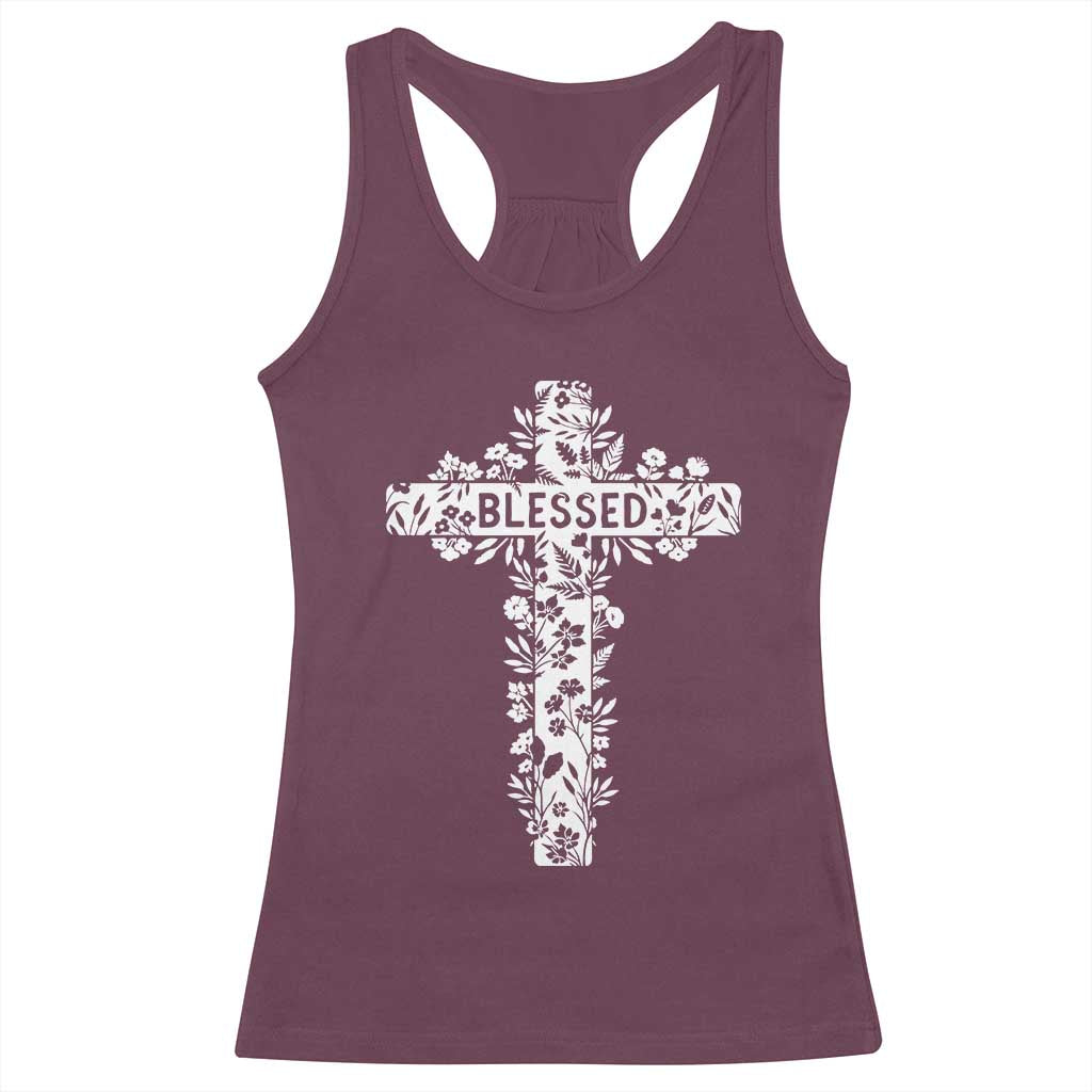 Blessed Floral Cross Christian Graphic Racerback Tank Top Faith Inspired Minimalist Scripture