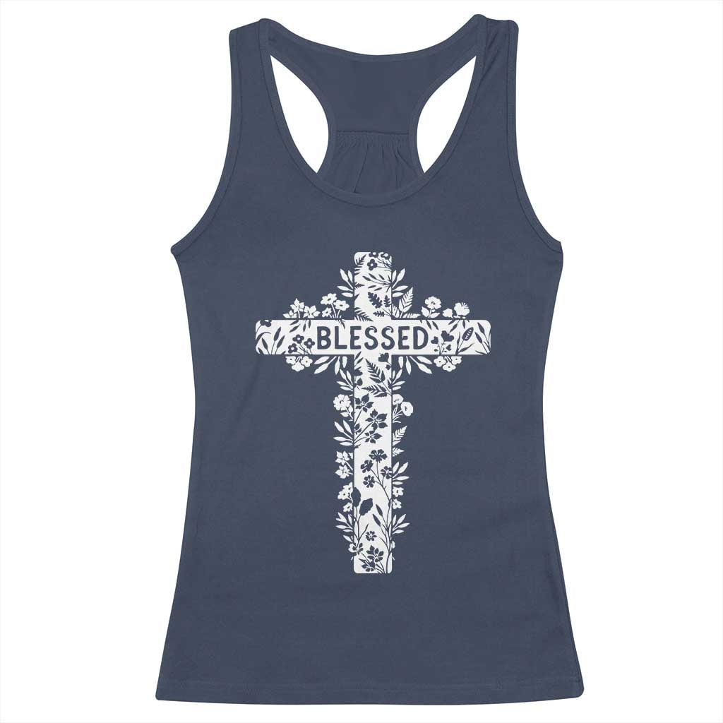 Blessed Floral Cross Christian Graphic Racerback Tank Top Faith Inspired Minimalist Scripture TS02 Navy Print Your Wear