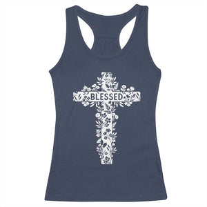 Blessed Floral Cross Christian Graphic Racerback Tank Top Faith Inspired Minimalist Scripture TS02 Navy Print Your Wear