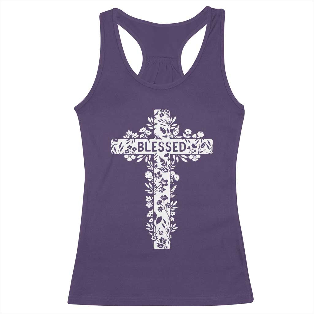 Blessed Floral Cross Christian Graphic Racerback Tank Top Faith Inspired Minimalist Scripture