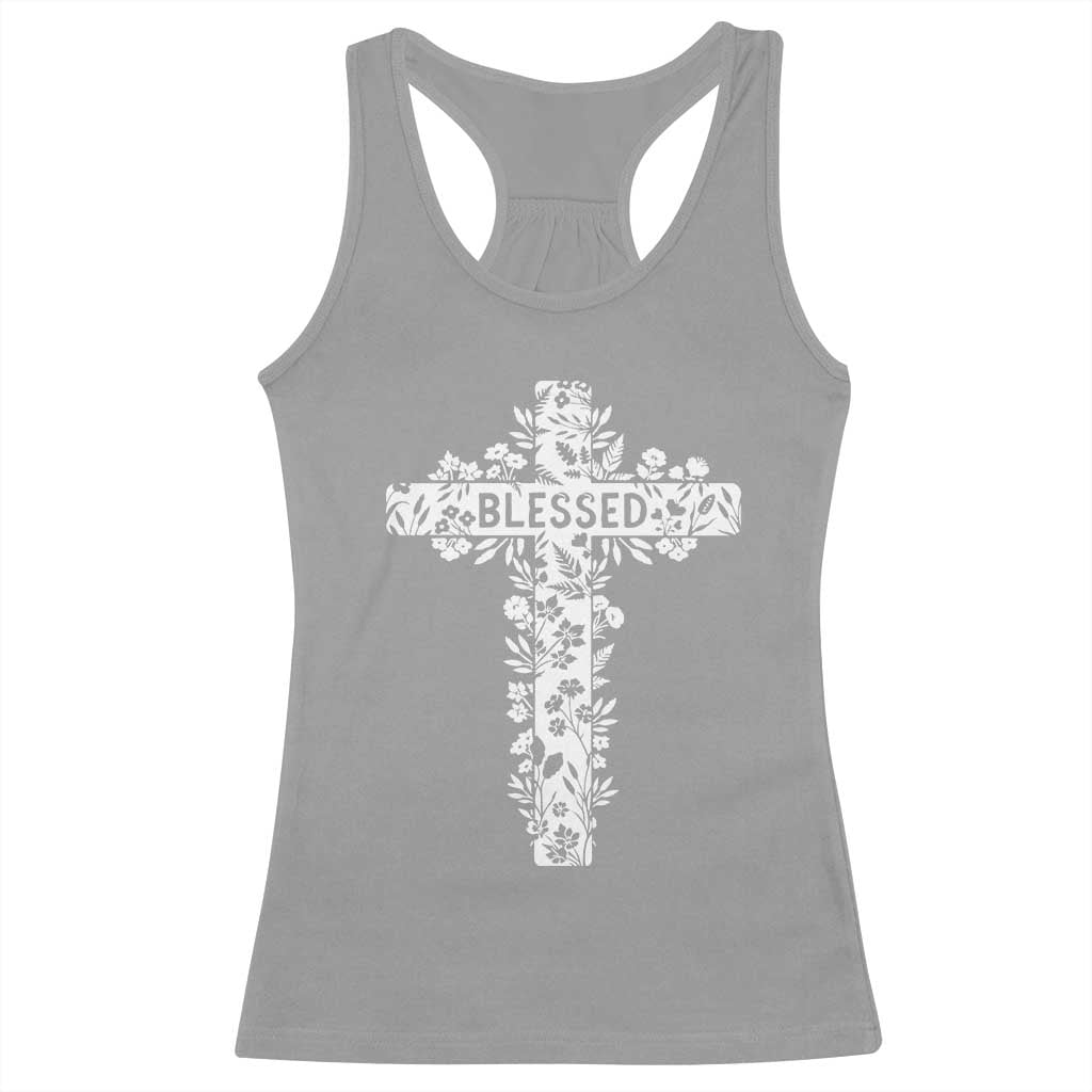 Blessed Floral Cross Christian Graphic Racerback Tank Top Faith Inspired Minimalist Scripture