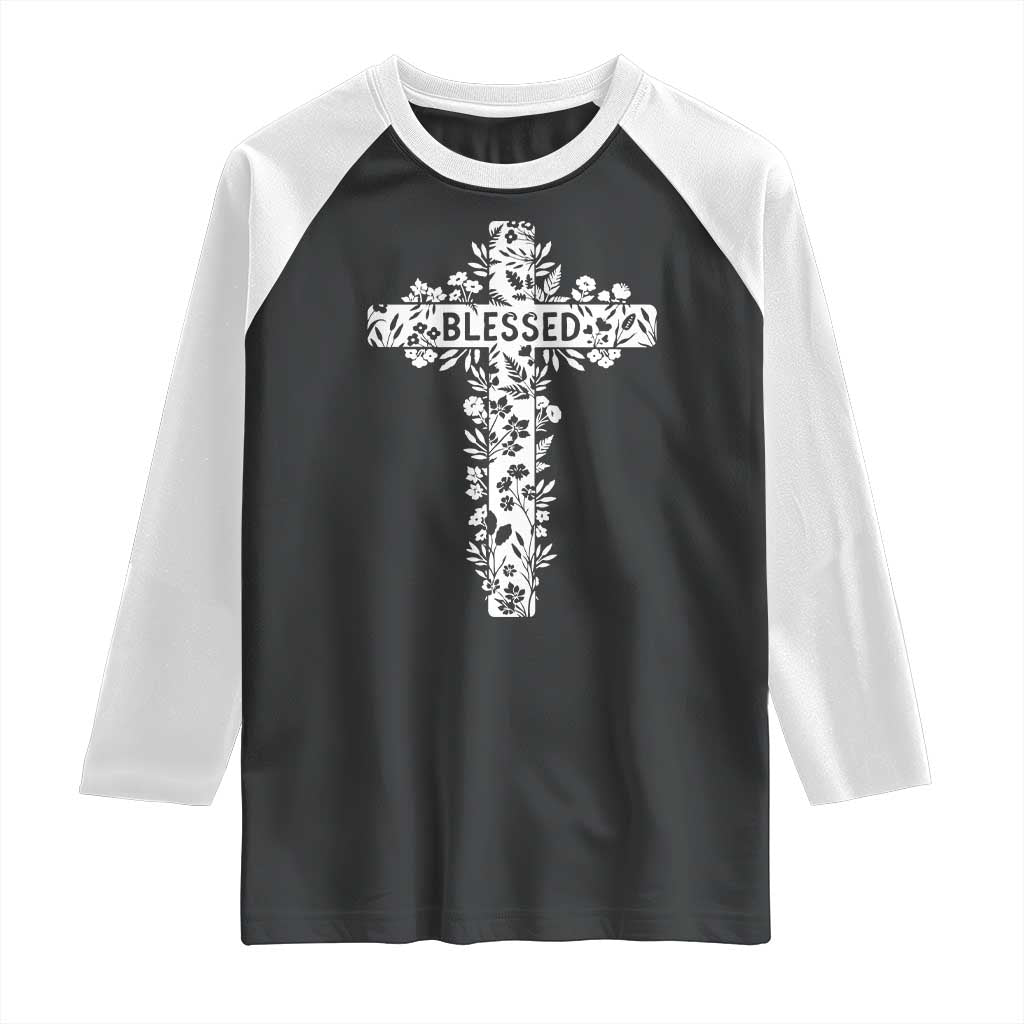 Blessed Floral Cross Christian Graphic Raglan Shirt Faith Inspired Minimalist Scripture TS02 Black White Print Your Wear