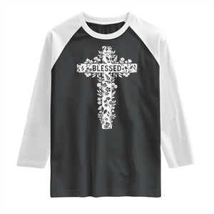 Blessed Floral Cross Christian Graphic Raglan Shirt Faith Inspired Minimalist Scripture TS02 Black White Print Your Wear