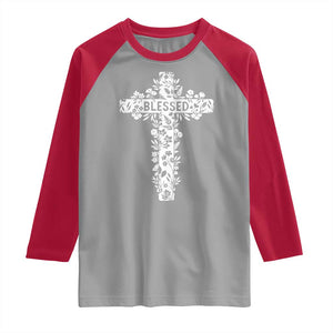 Blessed Floral Cross Christian Graphic Raglan Shirt Faith Inspired Minimalist Scripture TS02 Sport Gray Red Print Your Wear
