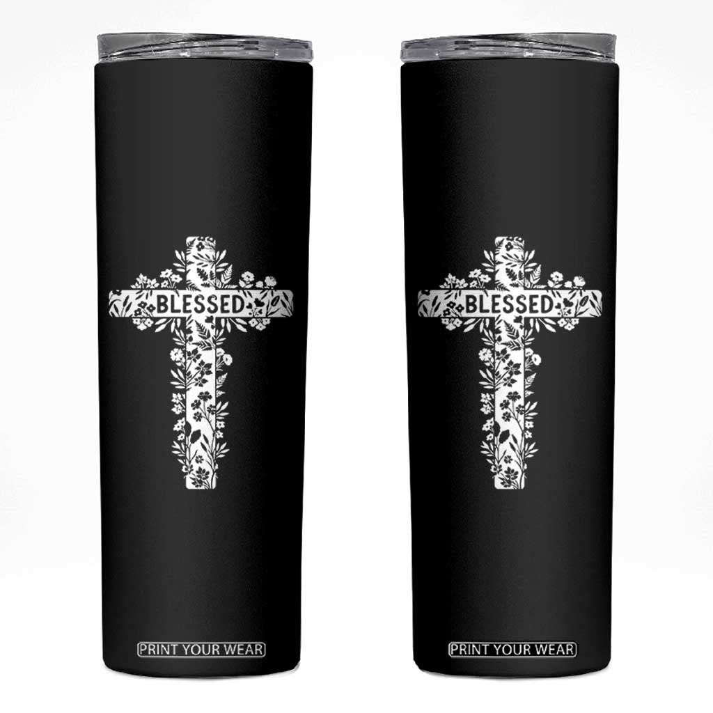 Blessed Floral Cross Christian Graphic Skinny Tumbler Faith Inspired Minimalist Scripture TS02 Black Print Your Wear