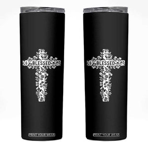 Blessed Floral Cross Christian Graphic Skinny Tumbler Faith Inspired Minimalist Scripture TS02 Black Print Your Wear