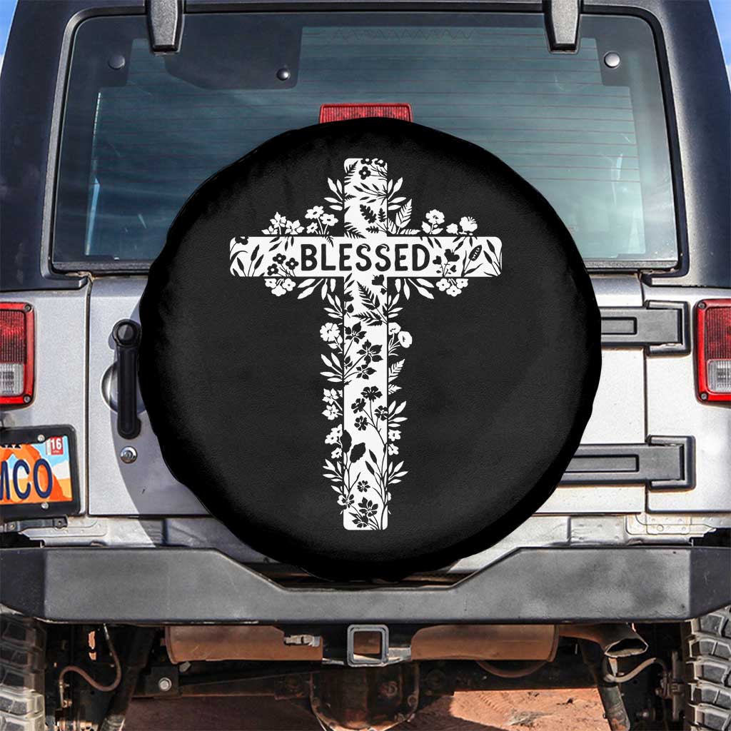 Blessed Floral Cross Christian Graphic Spare Tire Cover Faith Inspired Minimalist Scripture TS02 No hole Black Print Your Wear