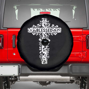 Blessed Floral Cross Christian Graphic Spare Tire Cover Faith Inspired Minimalist Scripture TS02 Black Print Your Wear