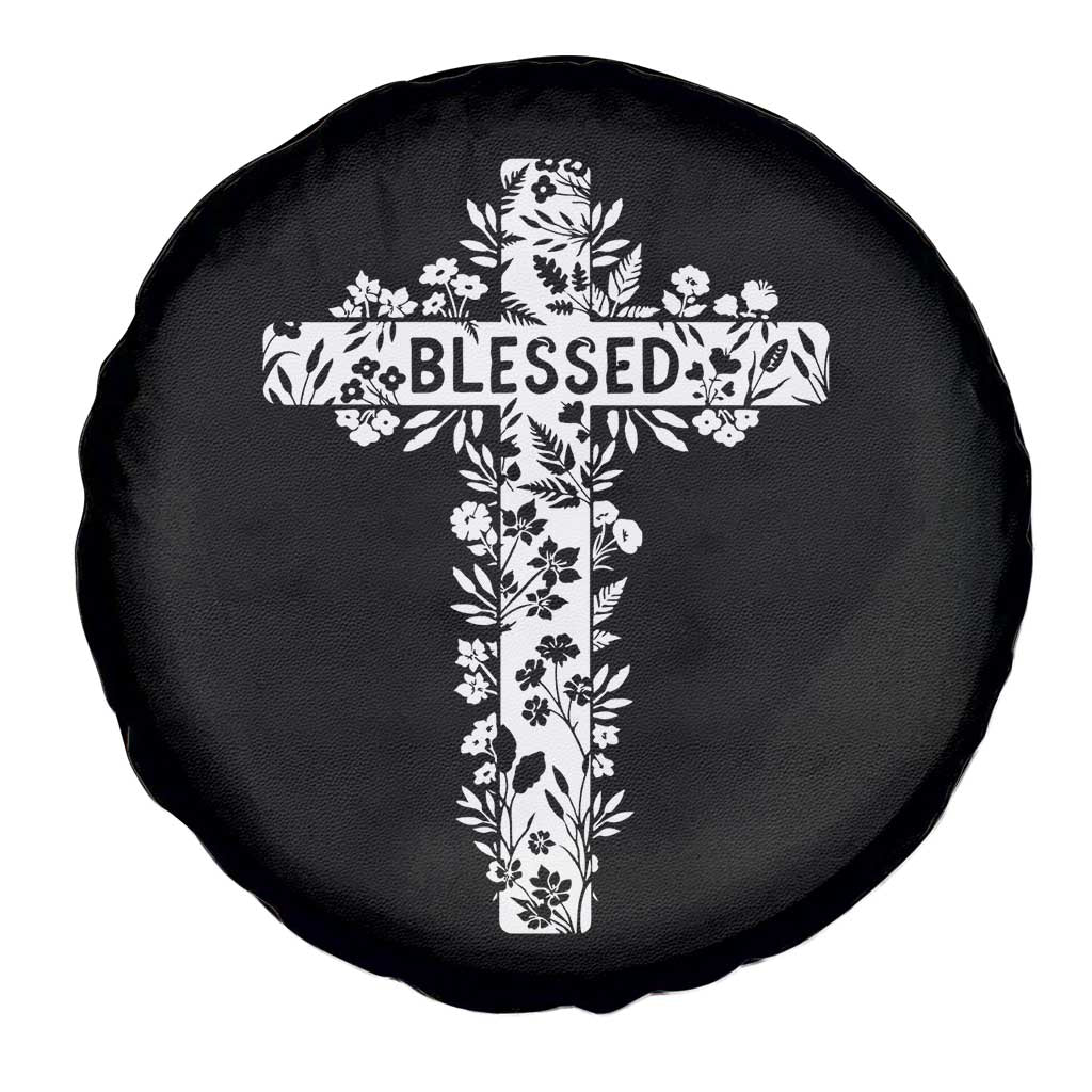 Blessed Floral Cross Christian Graphic Spare Tire Cover Faith Inspired Minimalist Scripture TS02 Print Your Wear