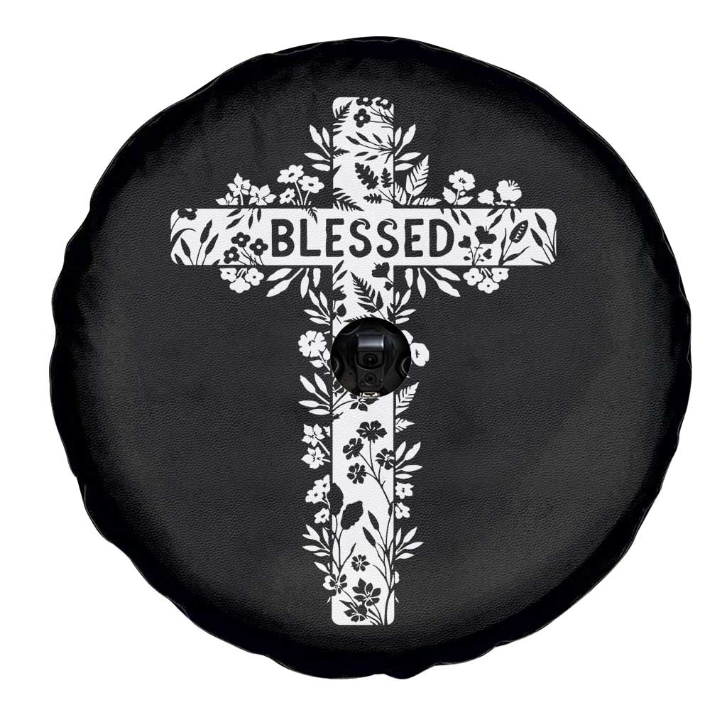 Blessed Floral Cross Christian Graphic Spare Tire Cover Faith Inspired Minimalist Scripture TS02 Print Your Wear