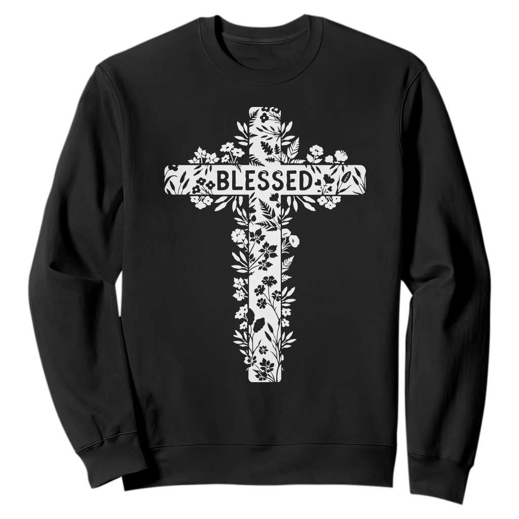 Blessed Floral Cross Christian Graphic Sweatshirt Faith Inspired Minimalist Scripture