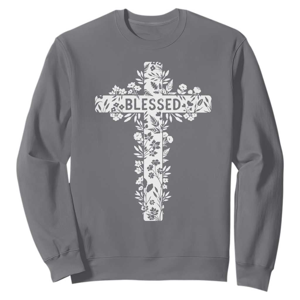 Blessed Floral Cross Christian Graphic Sweatshirt Faith Inspired Minimalist Scripture