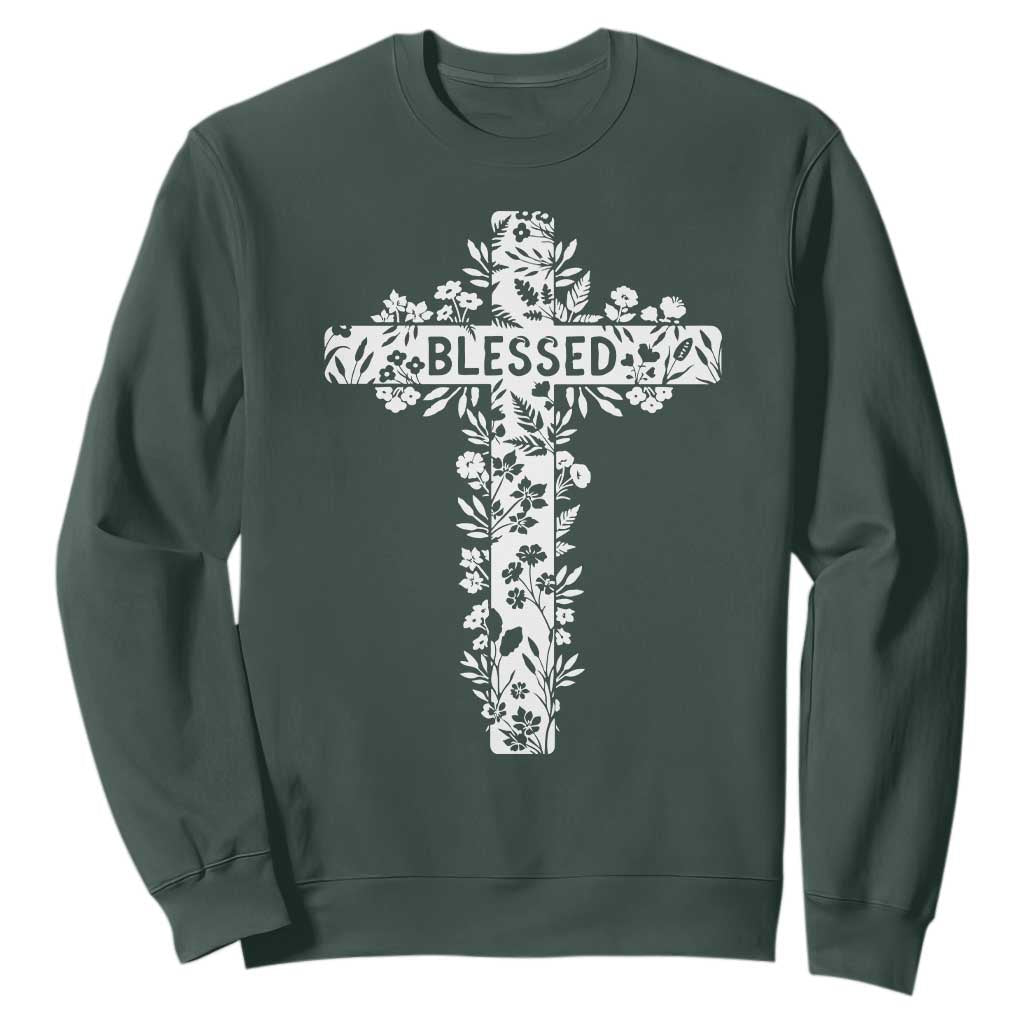Blessed Floral Cross Christian Graphic Sweatshirt Faith Inspired Minimalist Scripture