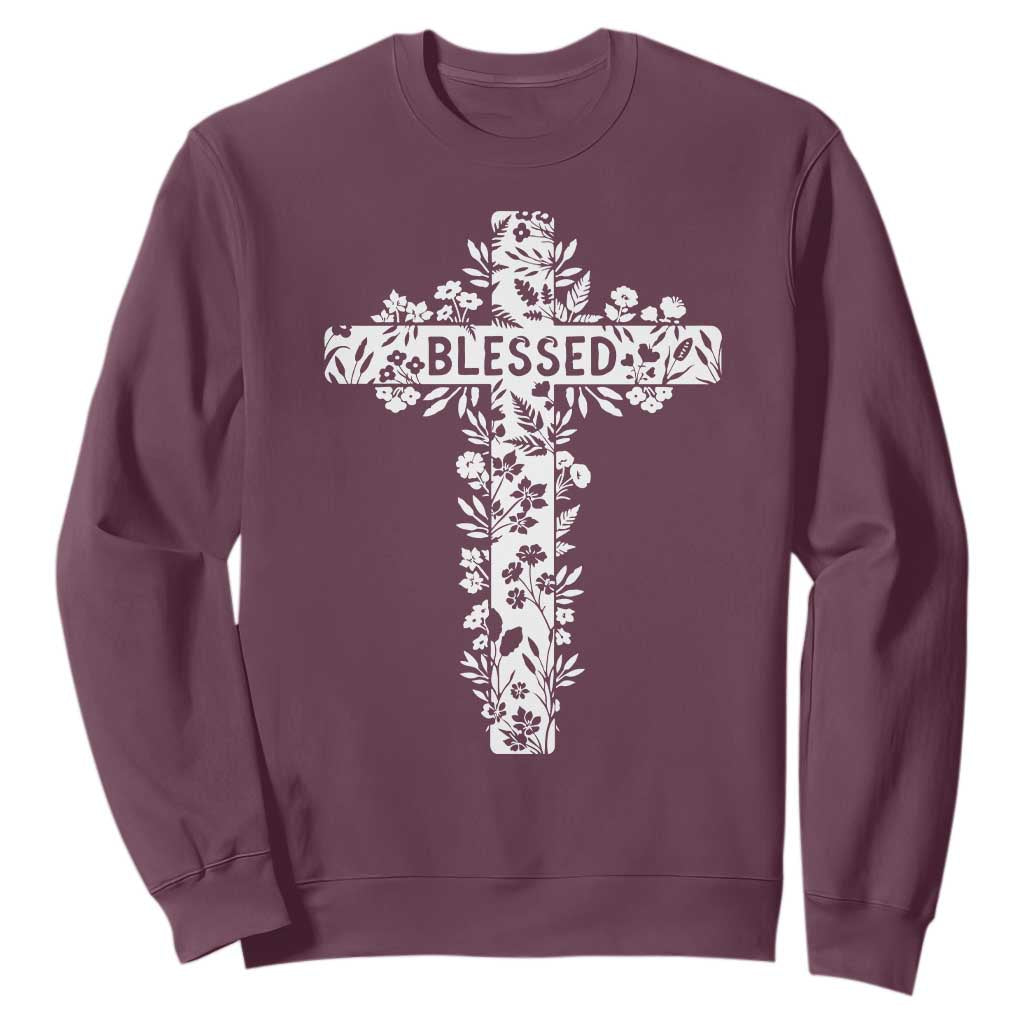 Blessed Floral Cross Christian Graphic Sweatshirt Faith Inspired Minimalist Scripture