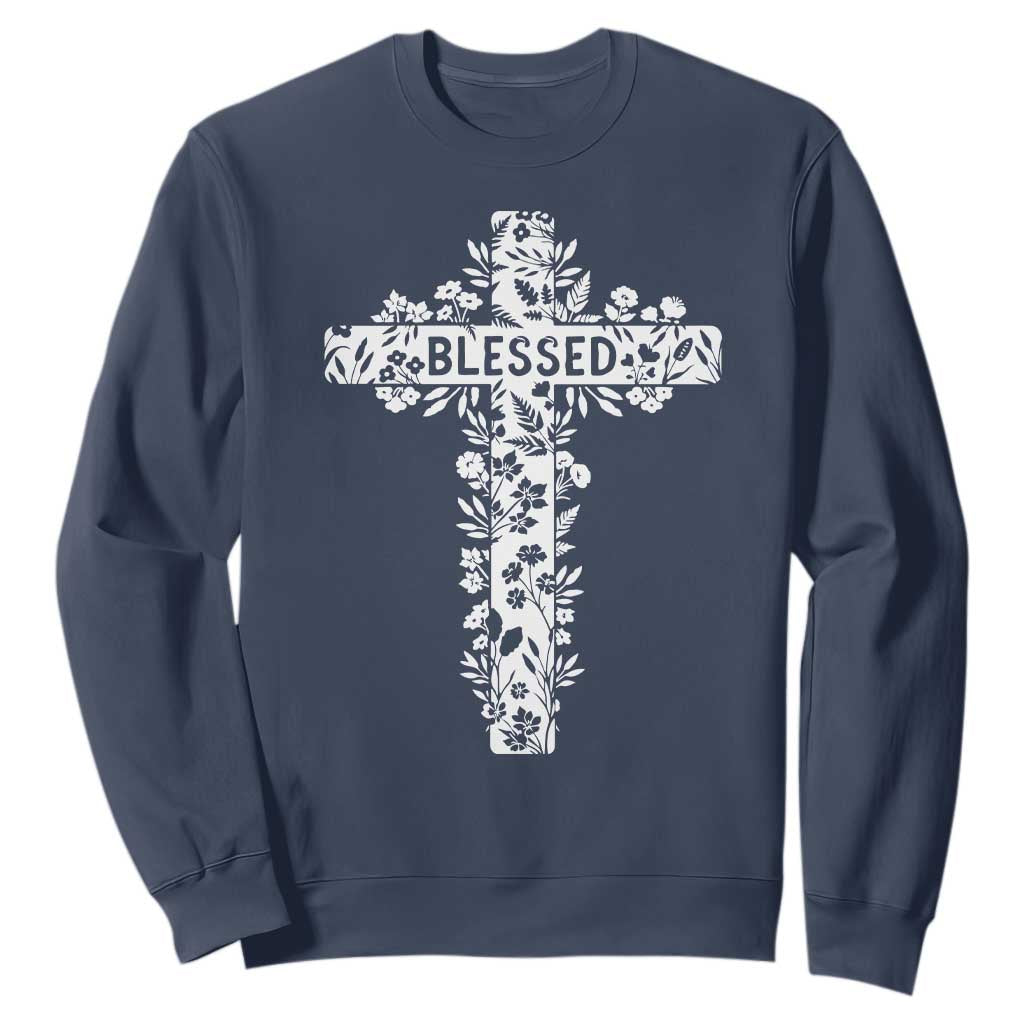Blessed Floral Cross Christian Graphic Sweatshirt Faith Inspired Minimalist Scripture