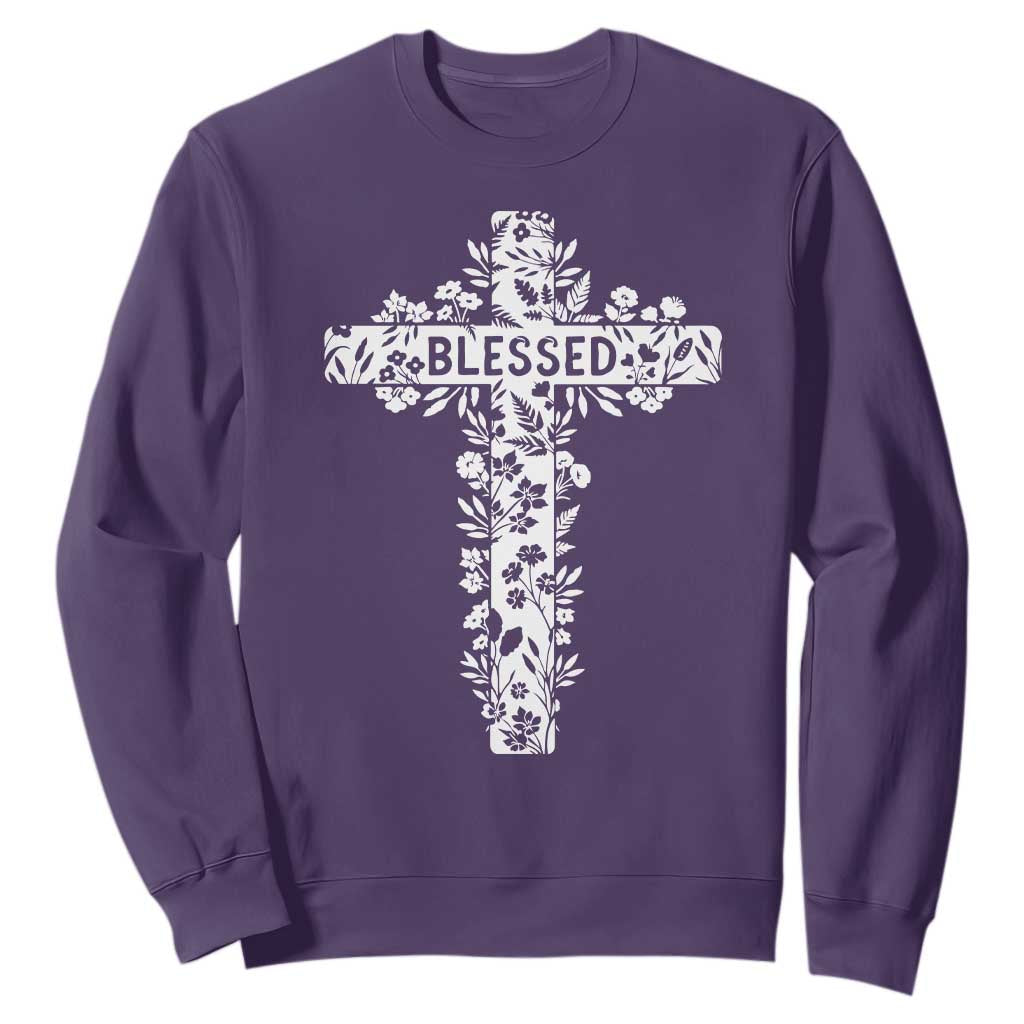 Blessed Floral Cross Christian Graphic Sweatshirt Faith Inspired Minimalist Scripture
