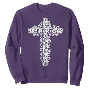 Blessed Floral Cross Christian Graphic Sweatshirt Faith Inspired Minimalist Scripture