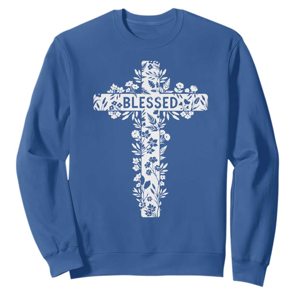 Blessed Floral Cross Christian Graphic Sweatshirt Faith Inspired Minimalist Scripture