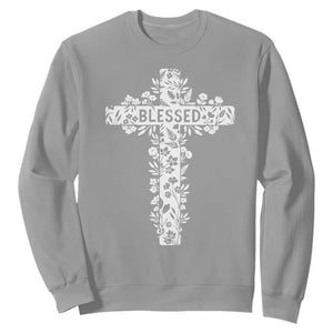 Blessed Floral Cross Christian Graphic Sweatshirt Faith Inspired Minimalist Scripture