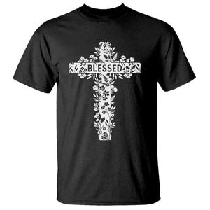 Blessed Floral Cross Christian Graphic T Shirt Faith Inspired Minimalist Scripture