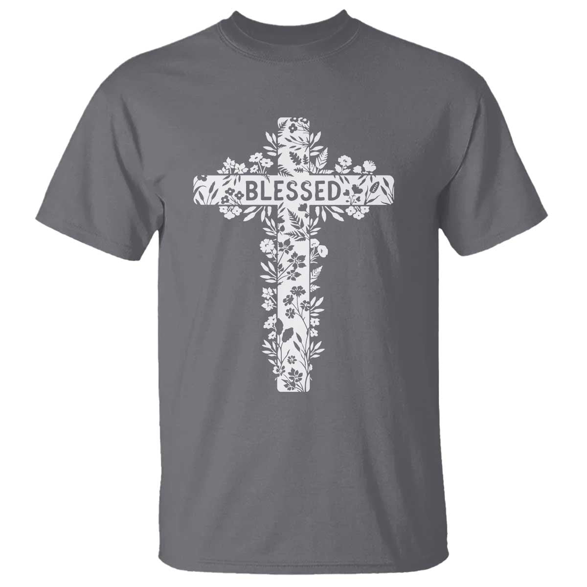 Blessed Floral Cross Christian Graphic T Shirt Faith Inspired Minimalist Scripture TS02 Charcoal Print Your Wear