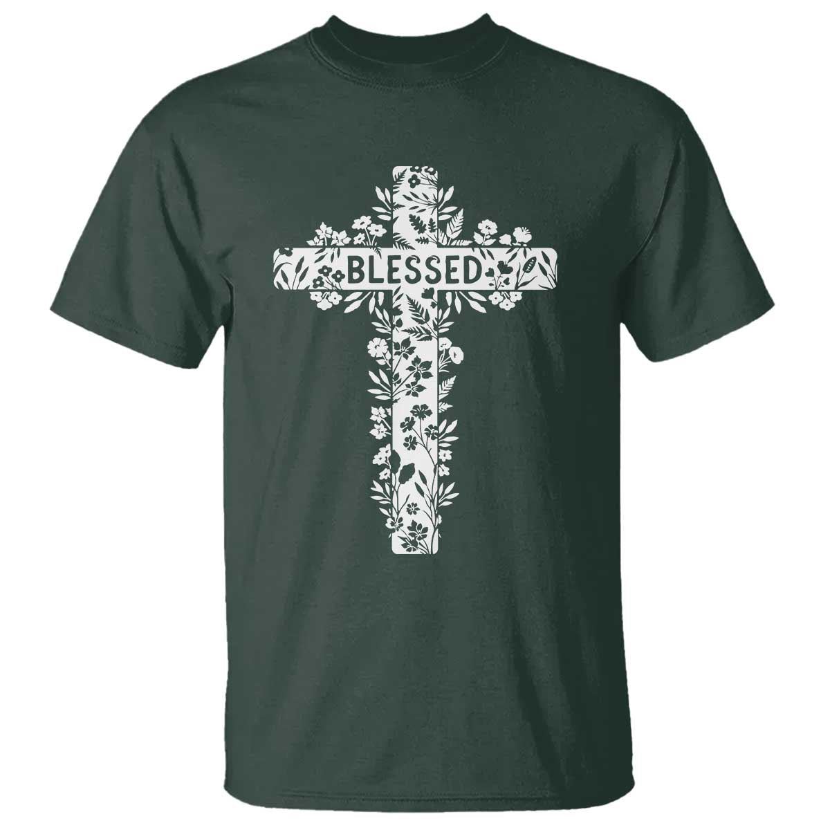 Blessed Floral Cross Christian Graphic T Shirt Faith Inspired Minimalist Scripture TS02 Dark Forest Green Print Your Wear