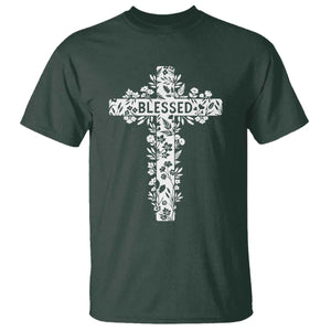 Blessed Floral Cross Christian Graphic T Shirt Faith Inspired Minimalist Scripture TS02 Dark Forest Green Print Your Wear