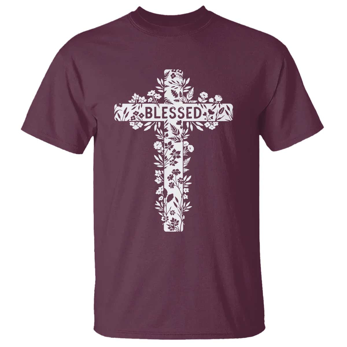Blessed Floral Cross Christian Graphic T Shirt Faith Inspired Minimalist Scripture TS02 Maroon Print Your Wear