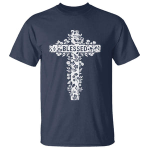 Blessed Floral Cross Christian Graphic T Shirt Faith Inspired Minimalist Scripture