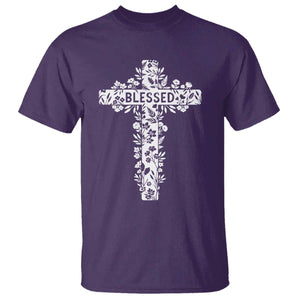 Blessed Floral Cross Christian Graphic T Shirt Faith Inspired Minimalist Scripture