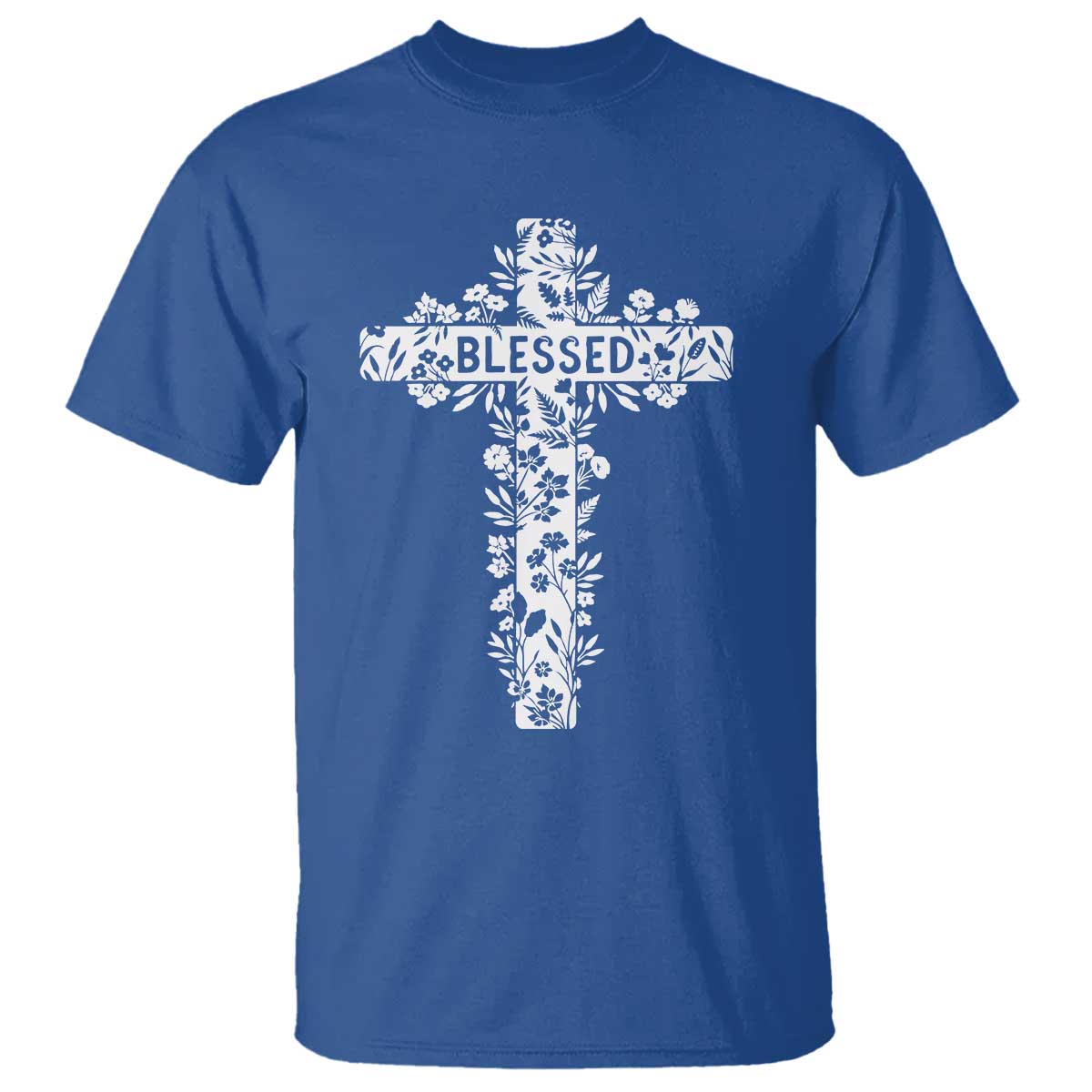 Blessed Floral Cross Christian Graphic T Shirt Faith Inspired Minimalist Scripture TS02 Royal Blue Print Your Wear