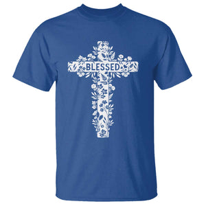 Blessed Floral Cross Christian Graphic T Shirt Faith Inspired Minimalist Scripture TS02 Royal Blue Print Your Wear