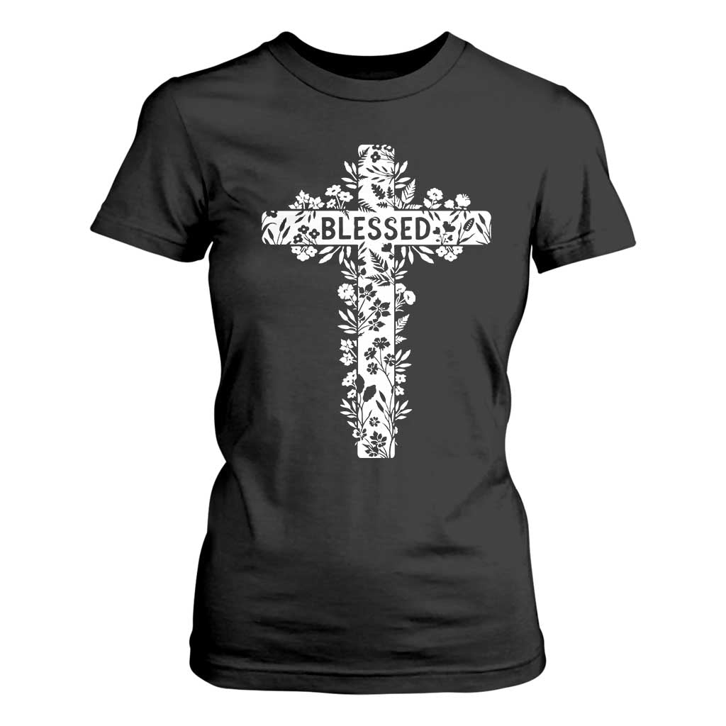 Blessed Floral Cross Christian Graphic T Shirt For Women Faith Inspired Minimalist Scripture TS02 Black Print Your Wear