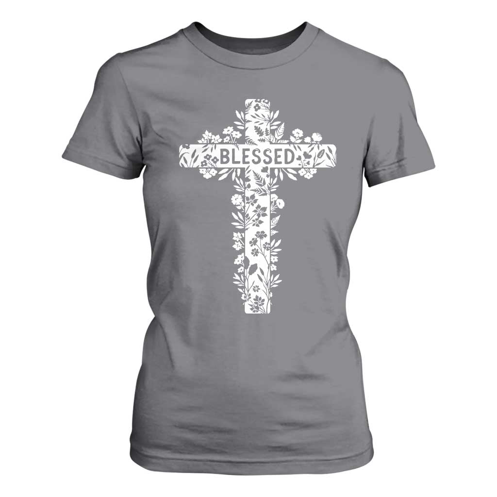 Blessed Floral Cross Christian Graphic T Shirt For Women Faith Inspired Minimalist Scripture TS02 Charcoal Print Your Wear