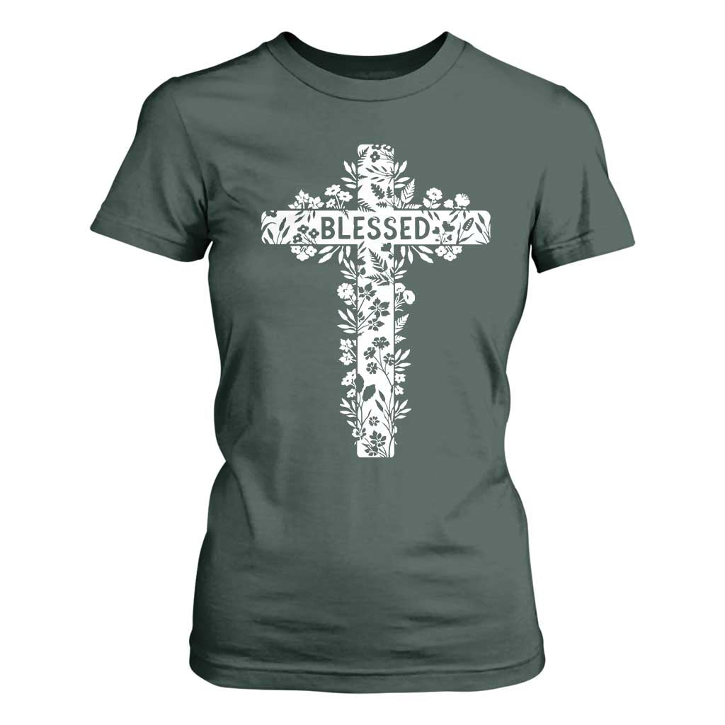Blessed Floral Cross Christian Graphic T Shirt For Women Faith Inspired Minimalist Scripture TS02 Dark Forest Green Print Your Wear