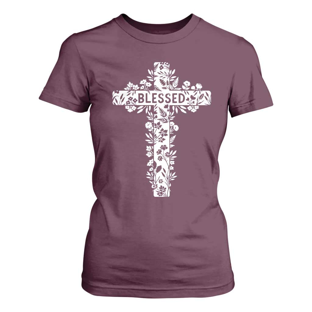 Blessed Floral Cross Christian Graphic T Shirt For Women Faith Inspired Minimalist Scripture TS02 Maroon Print Your Wear